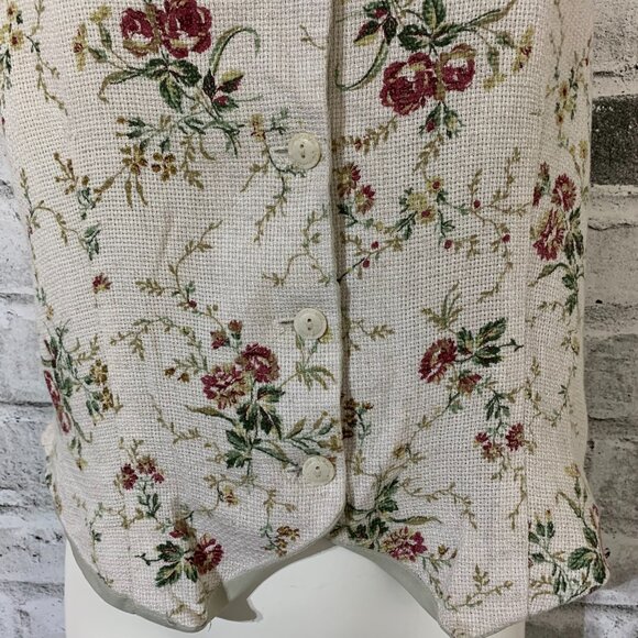 Vintage 90s Vest Medium Cream Linen Flax Rose Floral Button Front Back Tie - Picture 3 of 11